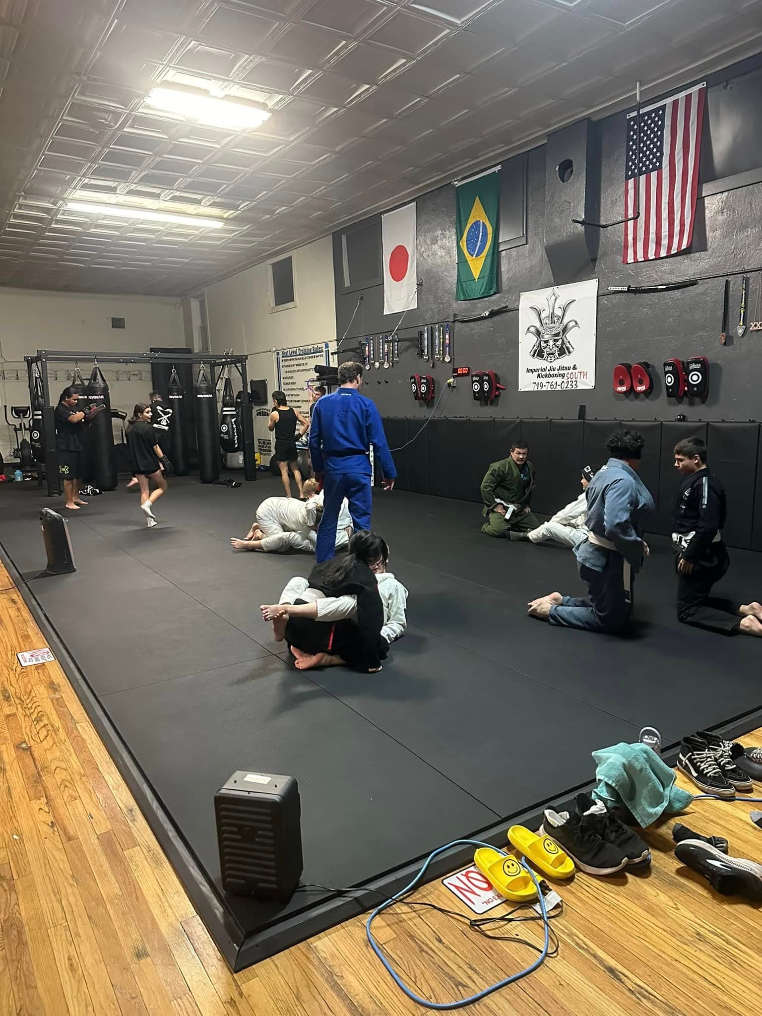 The main mat room at Imperial South with US, Brazilian and Japanese flags on the wall